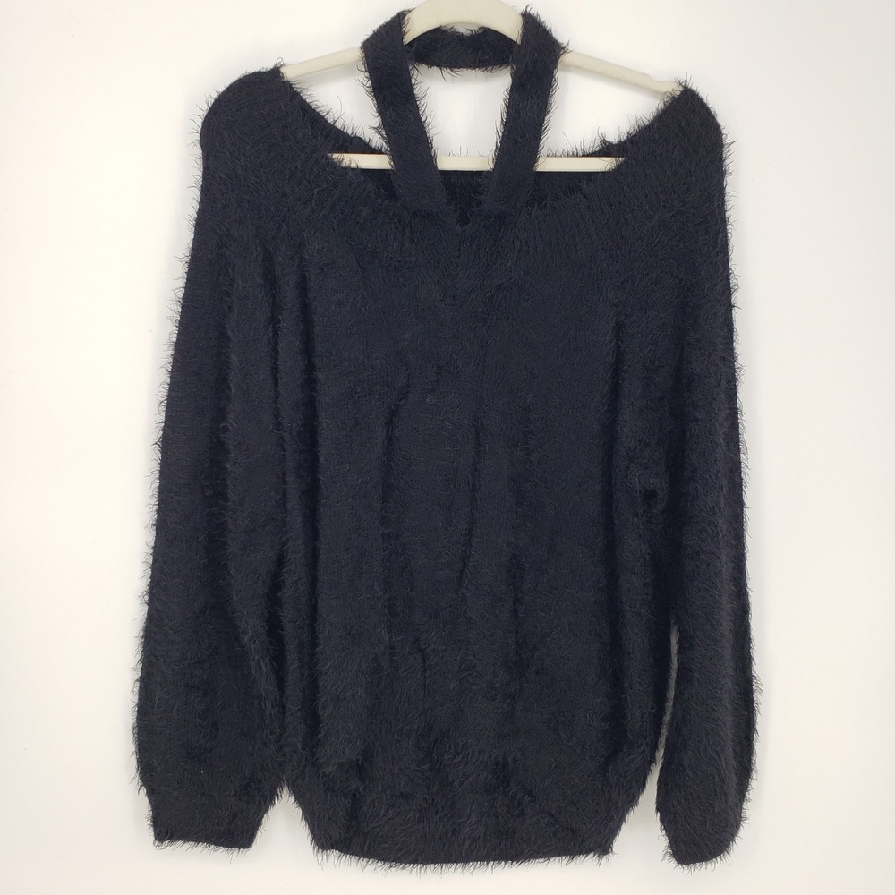 EXPRESS‎ Black Fuzzy Cutout Halter Neck Sweater Off the Shoulder Womens Size M